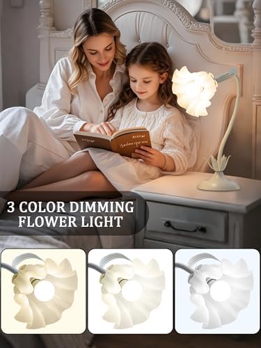 Flower Table Lamp,LED Reading Light Bedside Vintage Night Light(White)