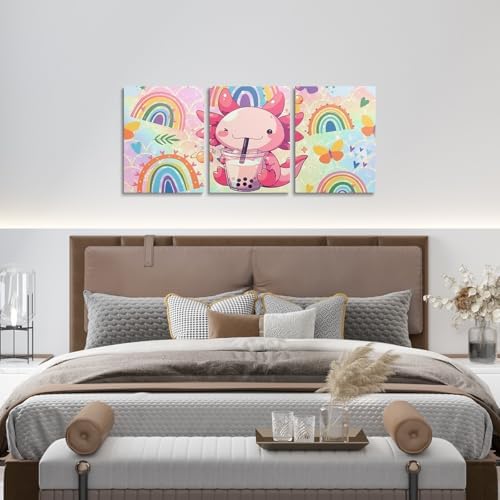 Feelyou Cute Axolotl Canvas Wall Art for Bedroom Wall Decor for Living Room Office Wall Decor Cartoon Axolotl Kids Girls Wall Painting Framed Wall Pictures 3 Piece Ready to Hang Bathroom Home Decor