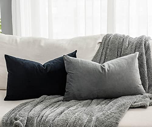 Grey Decorative Lumbar Velvet Throw Pillow Covers 12x20 inch Set of 2 with Zipper Luxury Soft Solid Rectangle Cushion Covers Case for Sofa Couch Bed Living Room