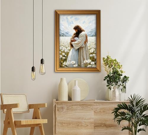 Vintage Gold Framed Jesus Wall Art Jesus Hugging Girl Christian Canvas Prints God Embracing Woman Picture Religious Beliefs Spiritual Painting Poster Artwork for Living Room Bedroom Church