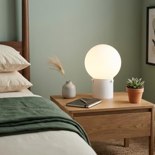 Somniferous Modern White Table Lamp with Frosted Glass Globe Shade, E26 Base, Includes 7W LED Bulb, Small Bedside Desk Lamp for Bedroom, Living Room, Nightstand, Office