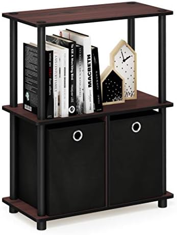 Furinno TURN-N-TUBE Storage Shelves Set of 2, 3-Tier Toolless Book Shelf with Storage Bins, Display Shelf, for Organization and Storage, Living Room, Garage, Home Office, Dark Cherry