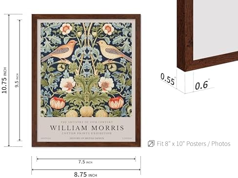 Poster Master William Morris Poster - Strawberry Thief Print - Bird Art - Botanical Design - Flower Art - Exhibition Display - Animal Illustration - Floral Design - Office or Bedroom Wall Decor - 8x10 Brown Framed