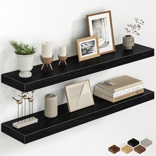 36 Inch Floating Shelves for Wall, Rustic Wood Wall Mounted Deep Storage Shelves with Invisible Brackets, Large Decorative Display Ledge for Living Room Bedroom Bathroom and Kitchen, Set of 2, Black
