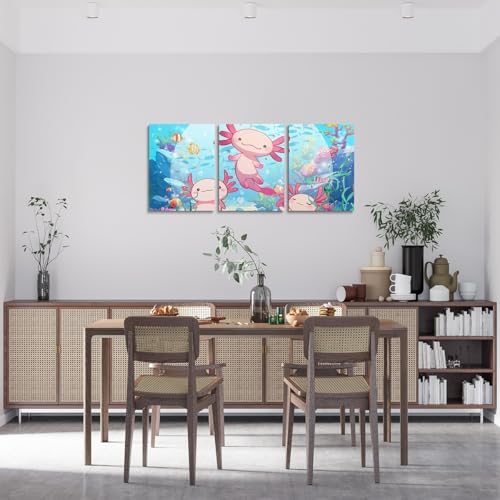 Feelyou 3 Piece Pink Axolotl Framed Canvas Wall Art for Living Room Kawaii Sea Animal Wall Decor for Bedroom Salamander Office Wall Decor Cute Sea Creature Wall Painting Artwork Art Home Decor
