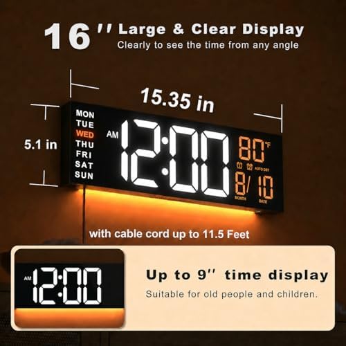 JALL 16" Large Digital Wall Clock with Remote, Big LED for Seniors, Auto Dimming, 8 RGB Colors, Night Light, Timer, Temperature for Living Room, Back to School Classroom, Gift for Student Teacher