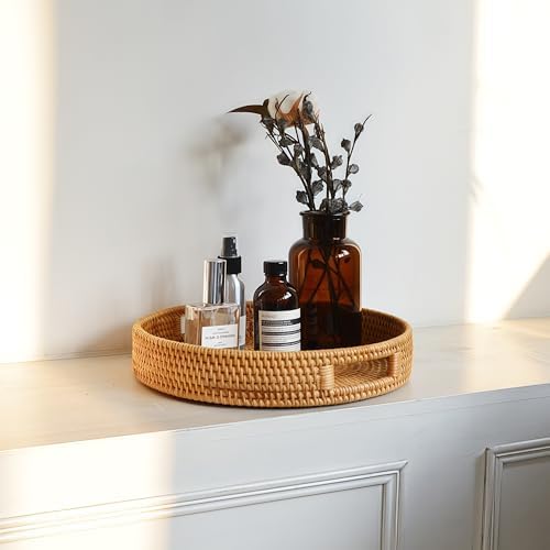 2 Pack Round Rattan Tray, Hand Woven Serving Tray with Handles, Wicker Serving Basket, Decorative Tray for Home Decor, Natural (11.8 + 14 inch)