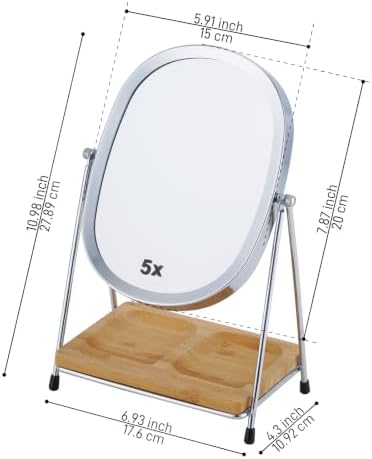 JOYOEIKON Tabletop 5x/1x Magnifying Makeup Mirror with Squared Bamboo Tray Small Desk Mirror 360° Rotation Vanity Mirror with Stand Desktop Cosmetic Mirror