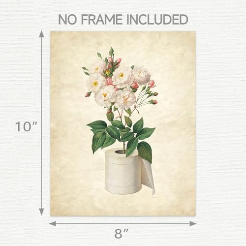 SWITHOM Funny Bathroom Wall Art, Vintage Botanical White Rose Flower Art Print, 8x10 Inch Unframed Toilet Paper Poster, Shimmer Paper School Art for Restroom Guest Room Decor, Humor Housewarming Gift for Women & Friends
