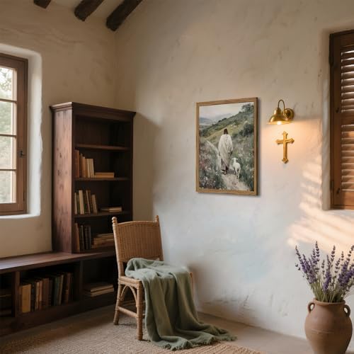 Jesus and Lamb Wall Art 3D Textured Hand Drawn Sandstone Lost Lamb Wall Decor, Jesus Leaves the 99 Sheep Christian Paintings Artwork for Living Prayer Room Bedroom 24x36 inch Wood Framed