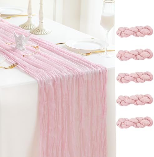 Sioloc 5 Pack Light Pink Cheesecloth Table Runner 120'' x 35'',Spring Easter Decor Soft Gauze Boho Wedding Table Decor for 10ft Table Birthday Party,Baby Shower, Bridal Shower, Home & Event Decor