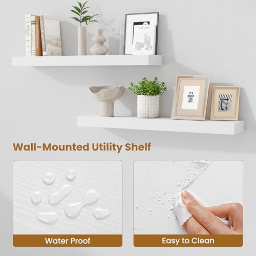 Fun Memories Bathroom Shelves 32 Inch Long Set of 2, Floating Shelves for Wall with Invisible Brackets, for Bedroom, Living Room, Kitchen, White