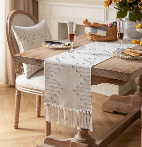 Boho Table Runner 13 x 90 Inch Long Natural Cotton Woven Runner with Tassels for Home Dining Table décor, for Modern Farmhouse Decor Coffee Table Runner, Grey and Beige