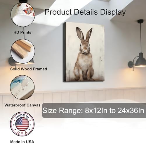 Vintage Rabbits Portrait Canvas Wall Art, Brown Easter Canvas Art for Living Room, Fireplace Wall Decor, Framed Spring Bunny Poster Prints for Bedroom Bathroom Holiday Decoration