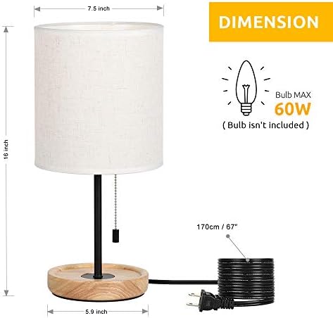 HAITRAL Bedside Table Lamp - Modern Nightstand Lamp with Linen Fabric Shade Wooden Desk Lamps for Bedrooms, Office, College Dorm, Dinning Room, Girls Room - 16 Inches (HT-AD005)
