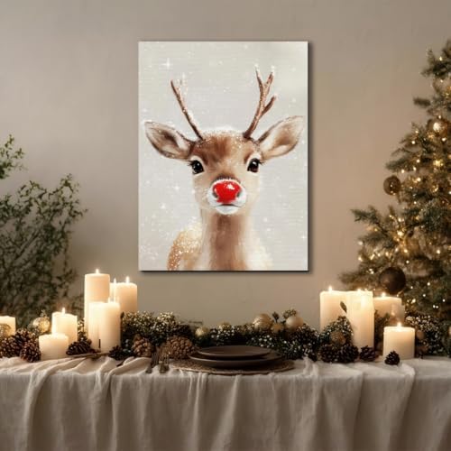 FLZYKGPA Funny Red Nose Deer Pictures Wall Decor Prints 8x12in, Cute Christmas Wall Art Decorations for Home Kitchen Bedroom Bathroom Living Room Office, Winter Cabin Canvas Decor