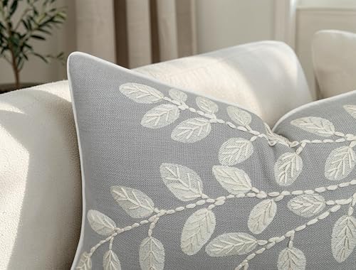 Rudransha Hand Embroidered Cotton Lumbar Pillow Cover - 12x20 Light Grey Botanical Leaf Accent - Hazel Leaves