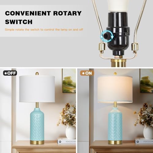 26“ Aqua Blue Ceramic Table Lamps Set of 2, Coastal Ceramic Lamps for Bedroom, Modern Bedside Lamp for Living Room, Elegant Farmhouse Nightstand Lamp for Desk Side End Table Home Decor