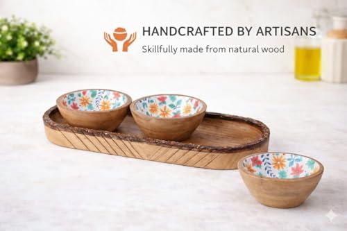 Natural Wooden trays, Serving Bowl for Salad, Veggies and Fruits, Large Deep for Family, Party (Tray - Set of 3 bowl)