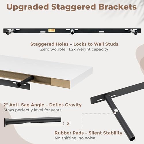 FLYJOE 55 Inch Floating Shelves for Wall Set of 2, 6.5" D Wood Grain Bathroom Shelves with Invisible Brackets, Easy Install Engineered Wood Storage Shelves for Kitchen, Living Room, Bedroom