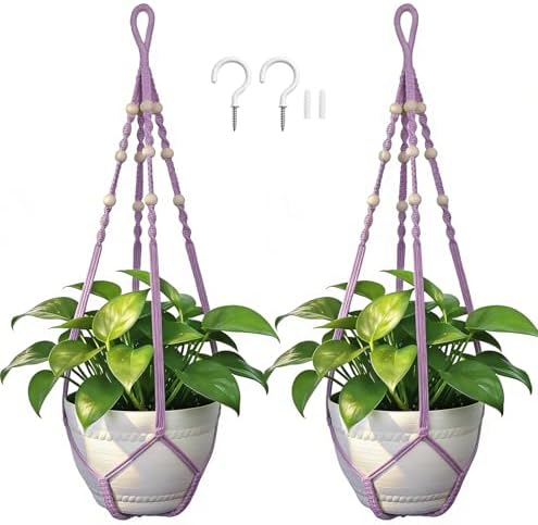 Macrame Plant Hanger, Up to 4-15 inch Pots, Wood Beads Cotton Hanging Planter Holder for Indoor Outdoor Boho Home Decor, 35 Inch, Set of 2 (Purple)