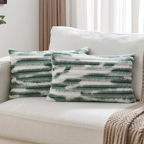 FUTEI Pack of 2 Faux Fur Throw Pillow Covers 12x20 Inch, Dark Green White