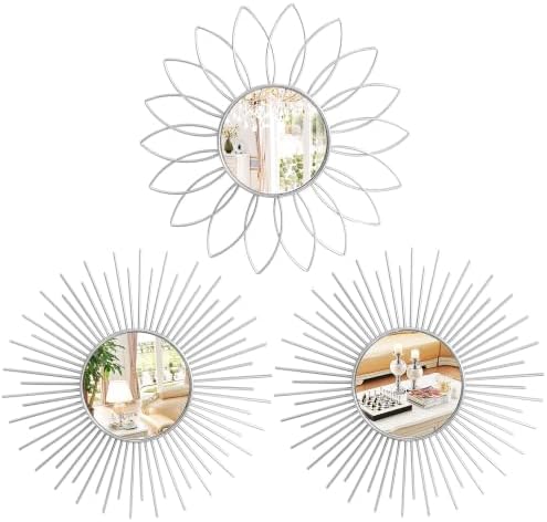 3 Pack Metal Mirrors for Wall Sunburst Wall Mirrors Home Décor Decorative Hanging Wall Art for Living Room Bedroom Entryway (Silver2, Flower+Sunburst)