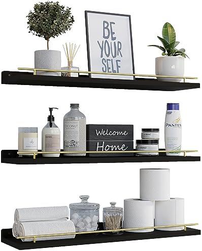 WOPITUES Floating Shelves 24 inch for Wall Decor Set of 3, Black and Gold