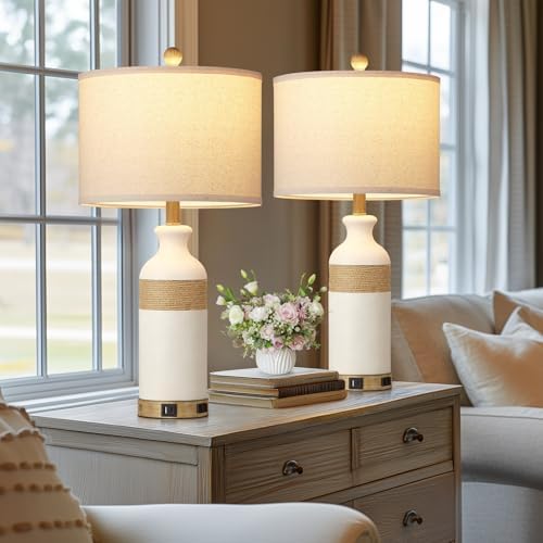 Cinkeda Boho Rattan Table Lamps for Bedroom Nightstand 26" Farmhouse Bedside lamp Set of 2 with USB C+A Ports & AC Outlet,3-Way Dimmable Touch Control Vintage Lamps for Living Room(Include Bulbs)