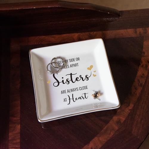 HOME SMILE Sister Gifts From Sister Ring Dish Tray, Valntine's Day Galentines' Gifts For Sister-Sister Will Always Be Connected By Heart Jewelry Dish Birthday Wedding Gifts For Sister