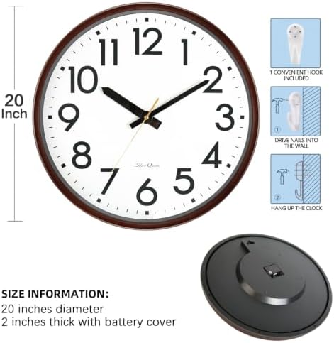 Caysie 20 Inch Large Silent Non Ticking Wall Clock, Quartz Battery Operated, Round Decorative Retro Brown Clock for Living Room, Bedroom, Kitchen, School, Office (Brown)