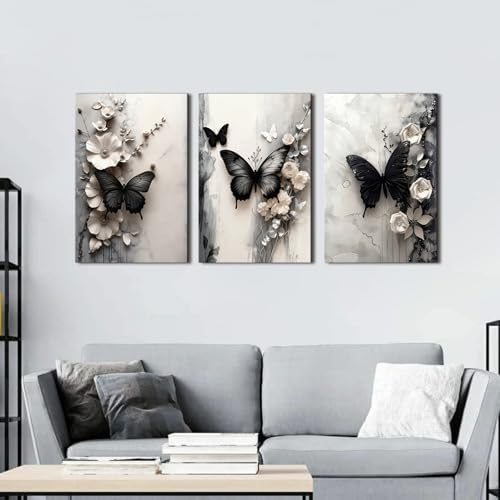 Butterfly Pictures Wall Decor Abstract Flowers and Butterflies Canvas Painting Prints for Bedroom Natural Insect Pictures Posters Contemporary Minimalist Artwork for Living Room Office Home 16x24"