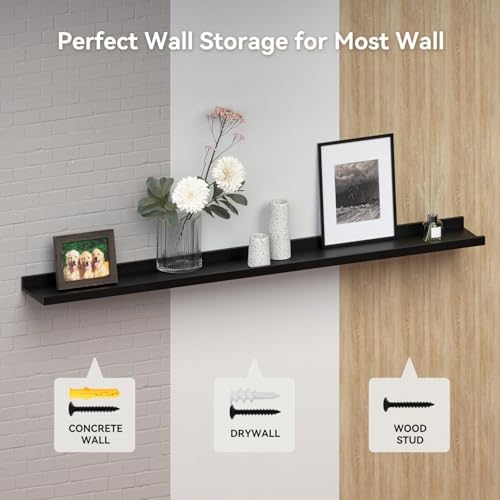 Boswillon Floating Shelves Set of 2, Long Wall Shelf with Lip, 72in, Black