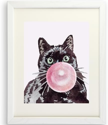 DREAM BIG PRINTABLES Cat Blowing Bubble Gum | Bombay Black Cat Art Print - 11x14 (Unframed) | Adorable Feline Decor for Cat Lovers
