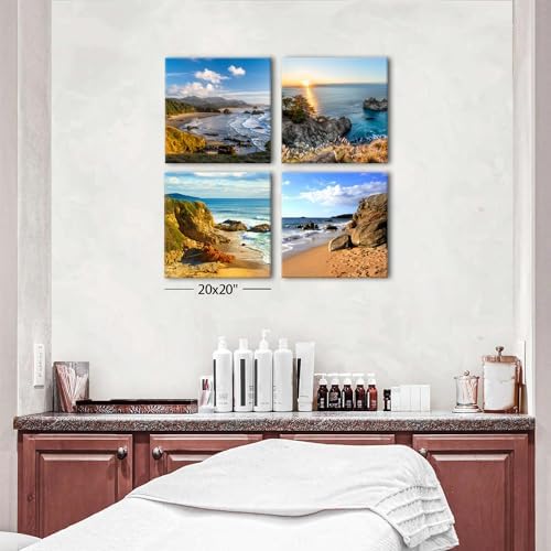 Oregon Coast Beach Wall Art Ocean Landscape Canvas Pictures Prints Coastal Wall Decor for Bathroom Living Room Kitchen Modern Home Decorations Nature Scenery Paintings Nautical Artwork 20x20” 4 Pcs