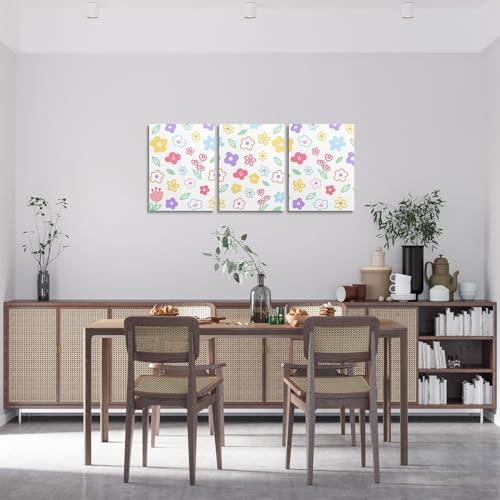 Feelyou Cute Flower 3 Piece Canvas Wall Art for Living Room Bedroom Colorful Floral Wall Art for Home DecorCartoon Hand-drawn Office Decor ArtworkBotanical Decor Picture Posters