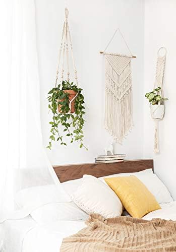 Mkono Macrame Plant Hanger Indoor 35 Inch Hanging Planter Basket Ivory 3Pcs