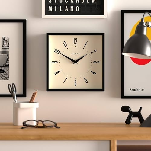 JONES CLOCKS® Box wall Clock | Retro Square Clock | 10" | Black | Easy to Read Numbers | Perfect Kitchen Clock or Office Clock