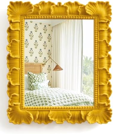 Mirror Wall Decor with Resin Frame for Room Makeover,Yellow-Orange | 14x12",Soft Velvet-like Touch,Decorative Wall-Mounted Mirror for Bathroom Hallway Entryway Staircase Art Gallery