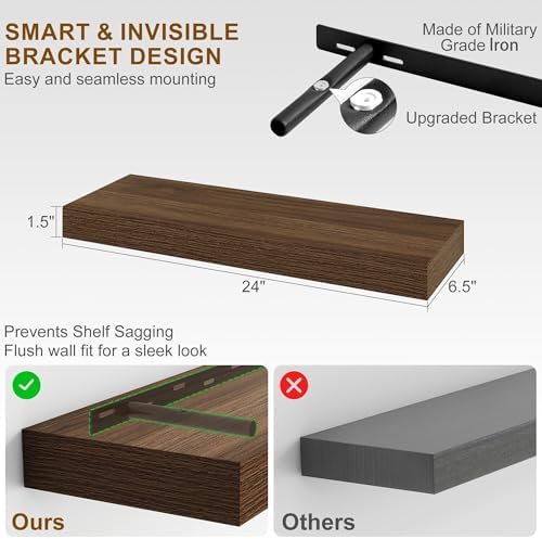 Fun Memories Floating Shelves for Wall, 24 Inch Floating Shelves Set of 2, Hanging Shelf with Invisible Brackets, Wood Shelves for Living Room, Bedroom, Kitchen, Walnut