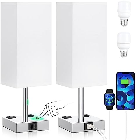 Touch Table Lamps Set of 2 for Bedroom - Dimmable, USB C+A, 2 AC Outlets