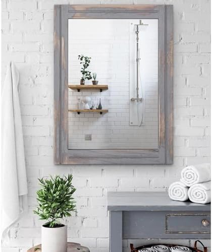AAZZKANG Wood Framed Mirror Rectangular Rustic Wall Mirrors Decorative Large 26"x18" for Farmhouse Bathroom Living Room Bedroom Grey