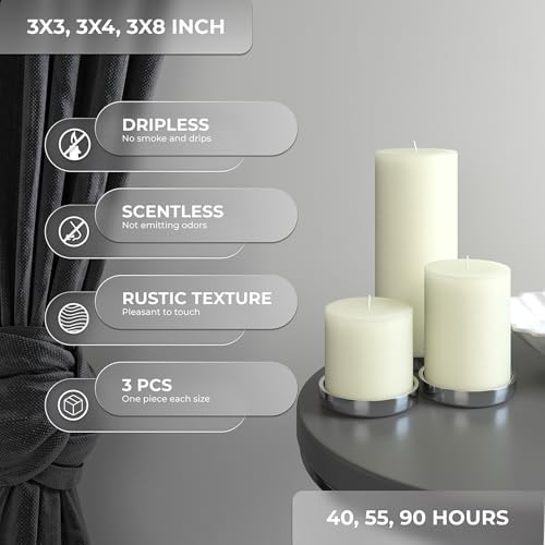 CANDWAX Assorted Pillar Candles Set of 3 – Sizes 3", 4", 8" Unscented Dripless Large Candles, Rustic Style Long Burning for Weddings, Home Decor – Ivory