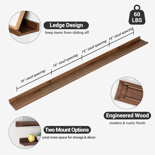 Axeman Picture Ledge Shelf, 72 Inch Walnut Floating Shelves Set of 3