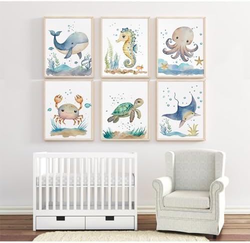 Joocrise Nursery Sea Animal Wall Decor Set of 6 Ocean Watercolor Canvas Wall Art Baby Boys Room Wall Art Ocean Sea Animal Pictures Kids Girl Art Prints Nursery Artwork for Bedroom 8x10 Inch Unframed