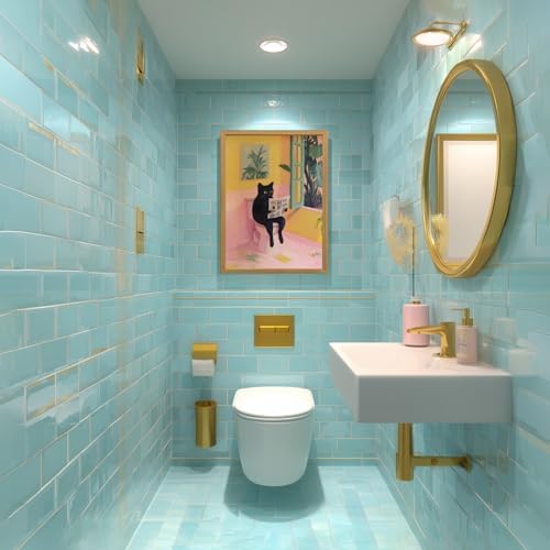 Cyebmo Funny Bathroom Wall Art, Cute Black Cat Sitting on Toilet Reading Newspaper Wall Decor, Whimsical Pink Abstract Animal Canvas Artwork for Bathroom Kid's Restroom Bedroom Wood Framed 16x24 Inch