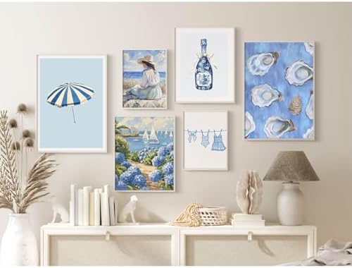 Coastal Cowgirl Wall Art Set of 6 Beach Canvas Wall Decor Blue Aesthetic Wall Art Preppy Coquette Poster Trendy Beachy Pictures Coastal Granddaughter Prints for Living Room Bedroom 8x10 Inch Unframed