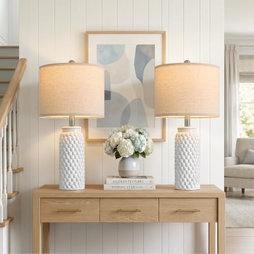USumkky 24" Modern Ceramic White Bedside Lamp Set of 2 Table Lamp for Bedroom Decor Farmhouse Table Lamp for Living Room Office Dorm