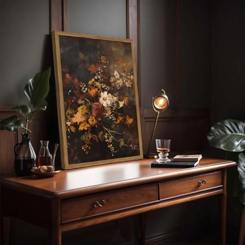 Framed Vintage Floral Wall Art，Gothic Moody Dark Flower Art Prints Painting，Victorian Canvas Fall Otanical Pictures Decor for Living Room Bedroom Diningroom 16x24 inch