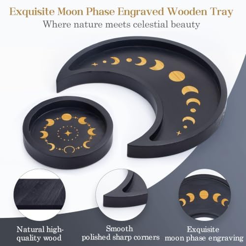 Mooncraftlogy Crescent Moon Tray Crystal Holder Set, Wooden Tray for Stones